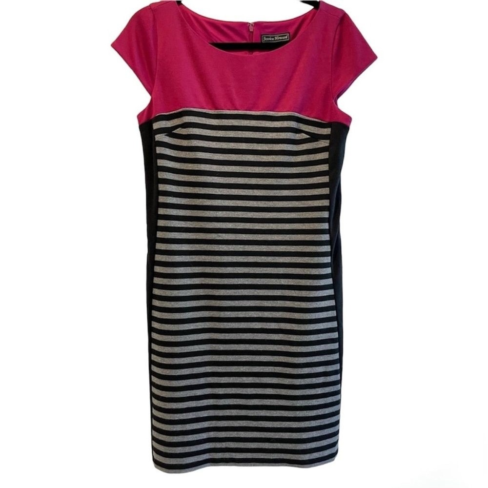 Jessica Howard Pink Black Gray Striped Colorblock Cap Sleeve Sheath Dress 10